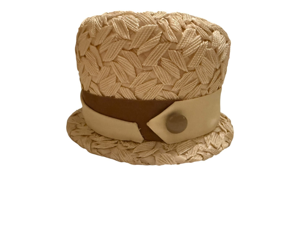 Vintage Beige Woven Straw Cloche Hat with Button Accent