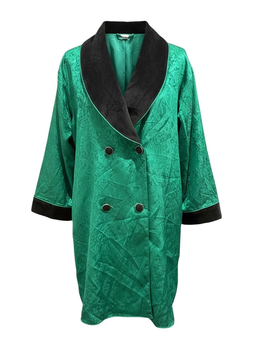 Victoria's Secret Gold Label Green Satin Jacquard Robe with Black Velvet Collar