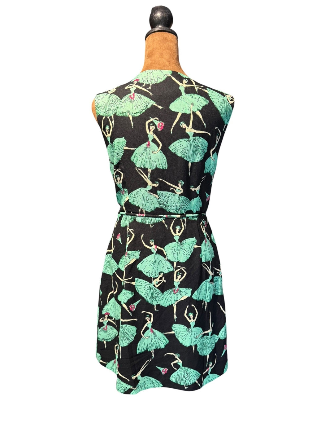 I. Madeline Sleeveless Black Dress with Green Ballerina Print, Size M