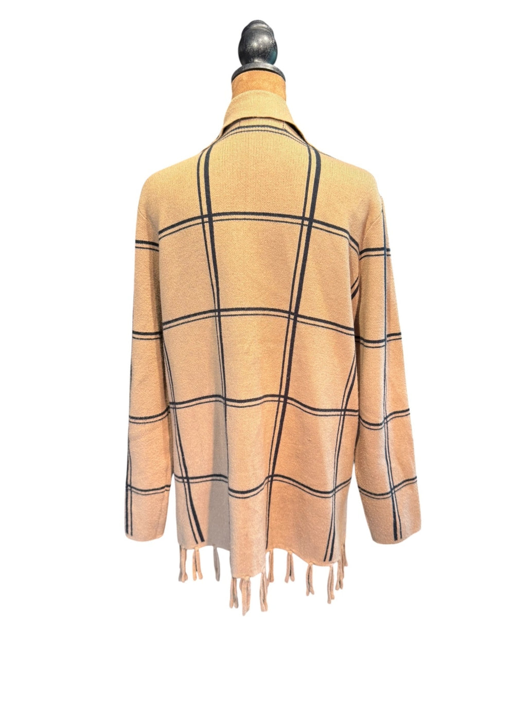 Adrienne Vittadini Beige Plaid Open Front Cardigan with Fringe