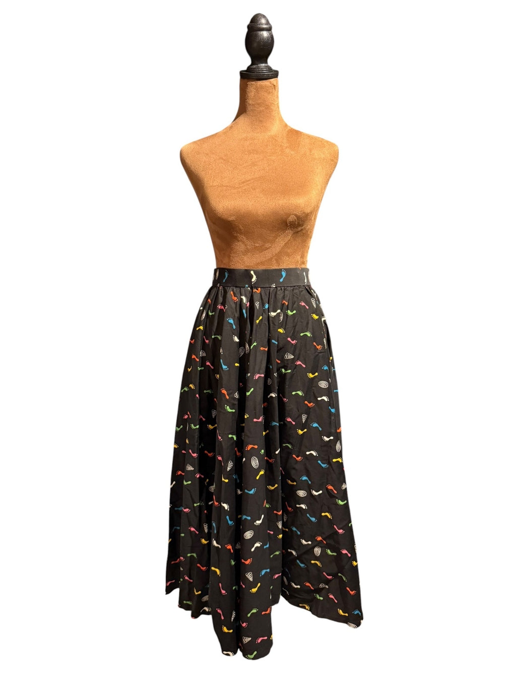 Handmade Black Midi Skirt with Colorful Footprint and Shell Print