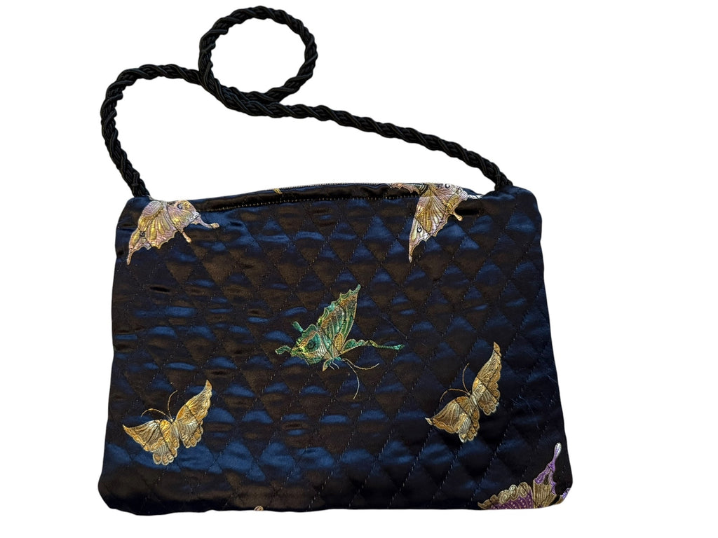 Black Quilted Satin Shoulder Bag with Butterfly Embroidery