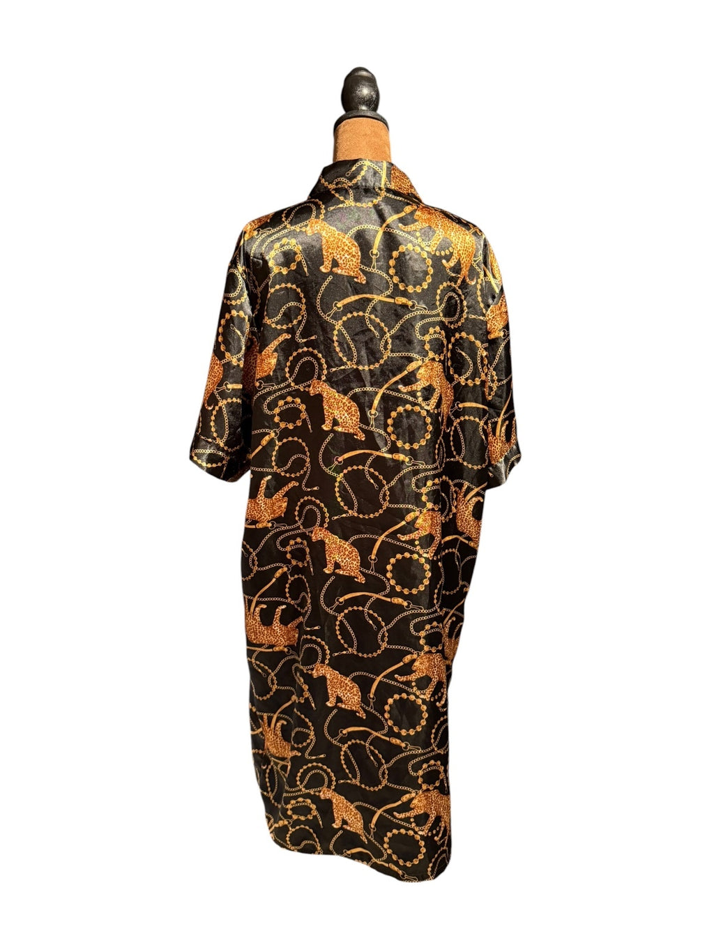 Emily Stacy Black and Gold Satin Kimono with Leopard and Chain Print