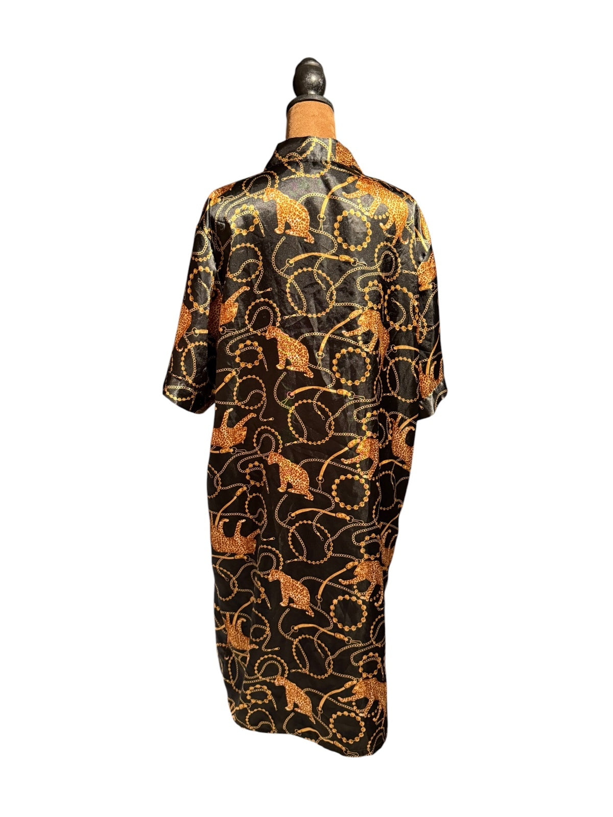 Emily Stacy Black and Gold Satin Kimono with Leopard and Chain Print