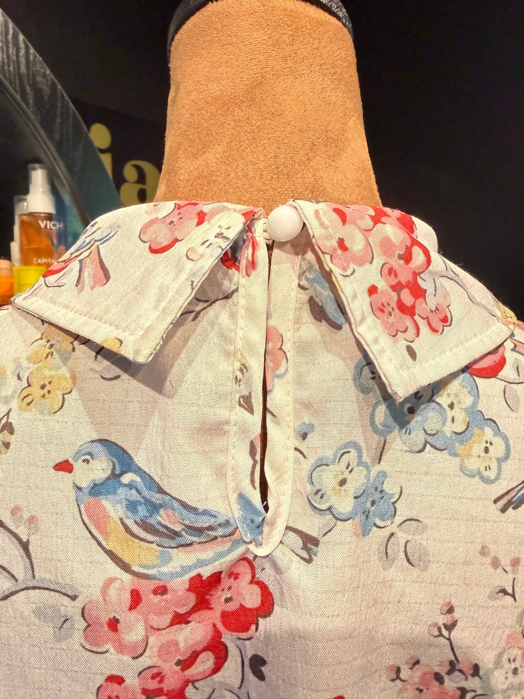 Vintage Bird & Floral Print Collared Blouse with Puff Sleeve