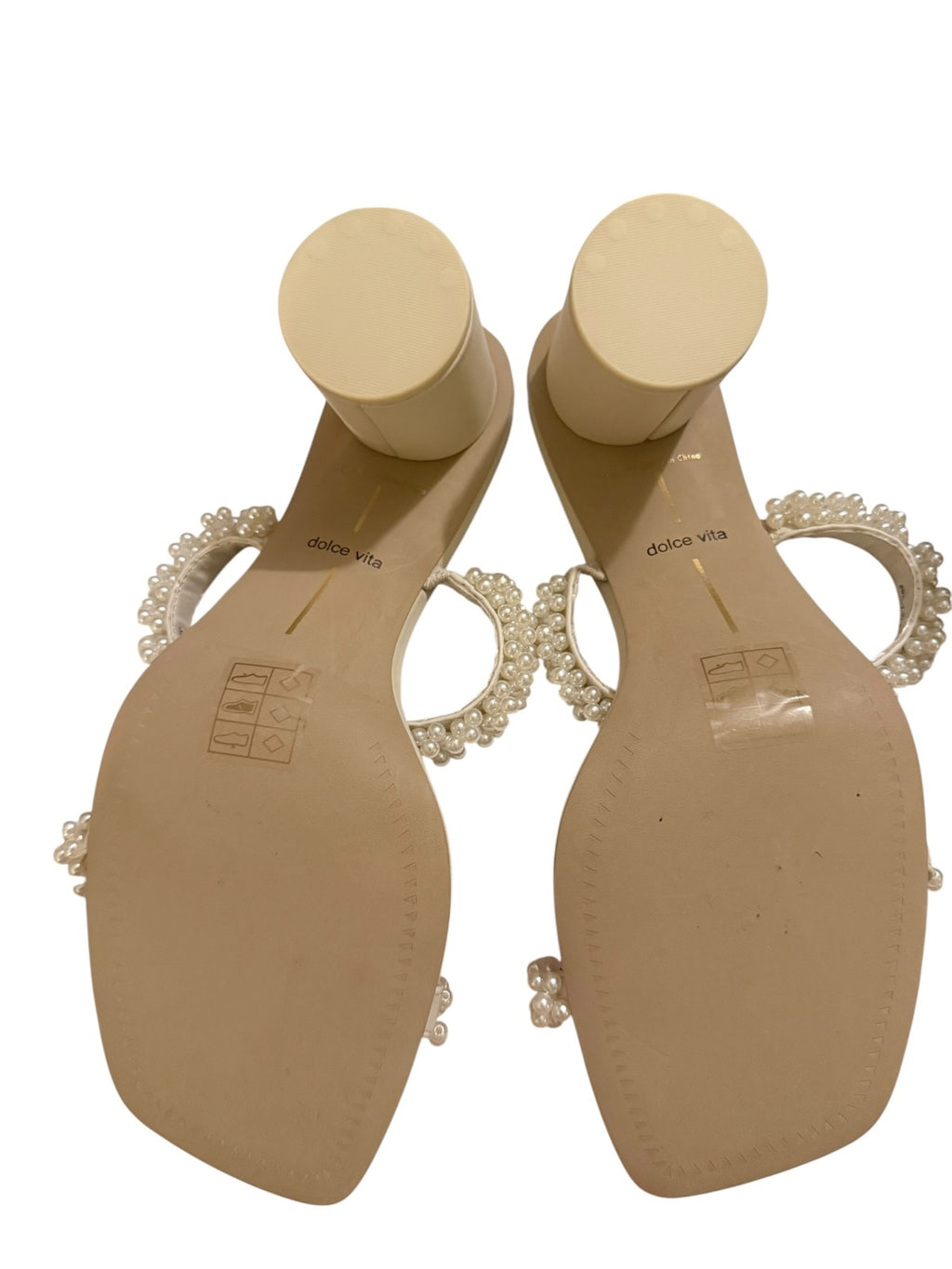 Dolce Vita Ivory Pearl Embellished Block Heel Sandals with Dust Bag