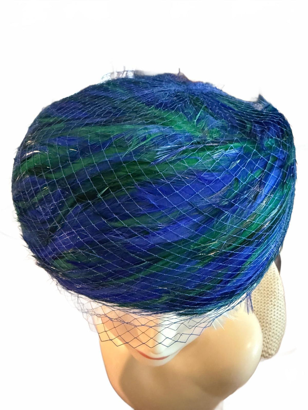Vintage Valerie Modes Blue and Green Feathered Hat with Veil