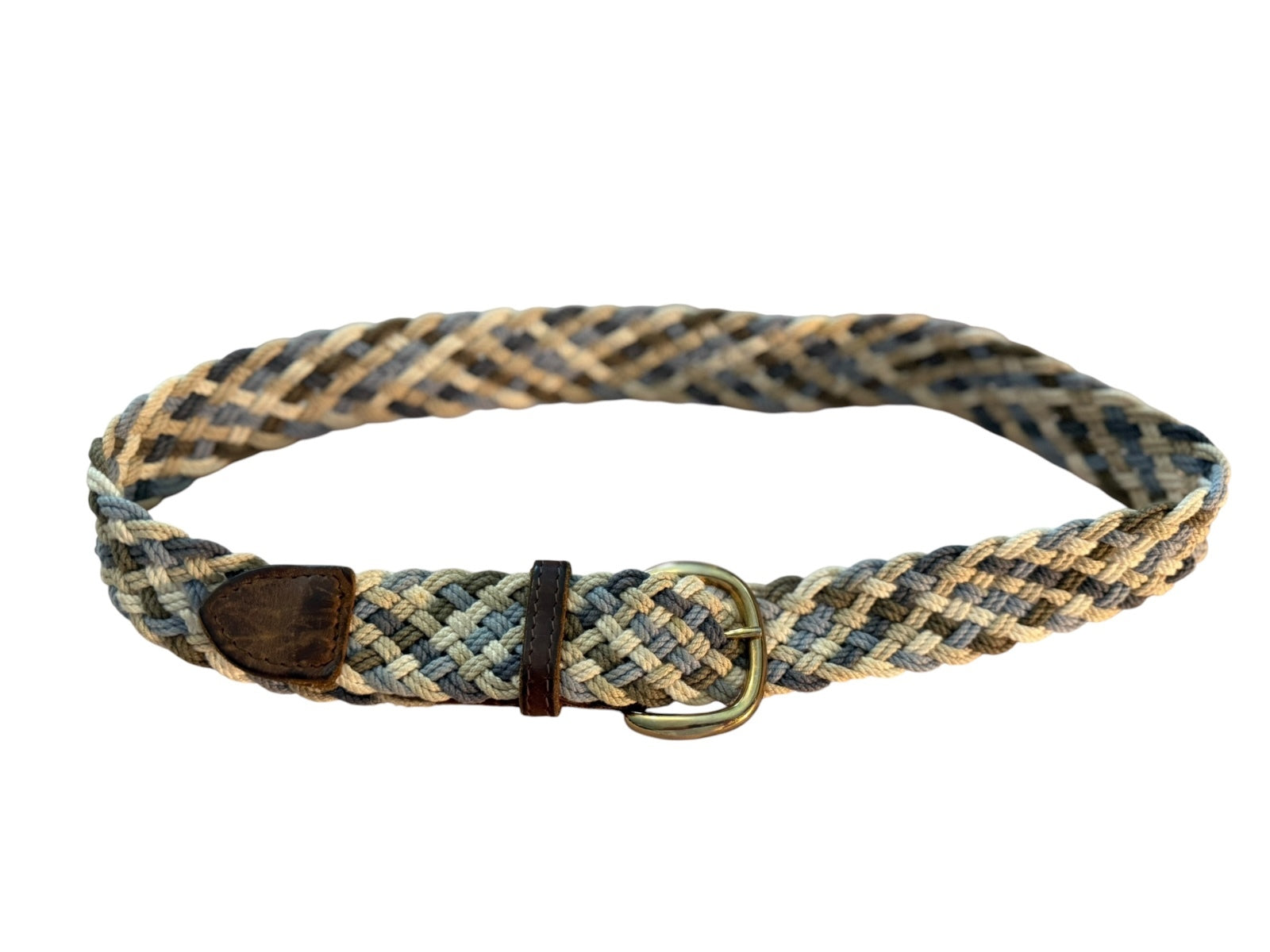 Braided Multi-Color Cotton Belt with Leather Accents and Brass Buckle