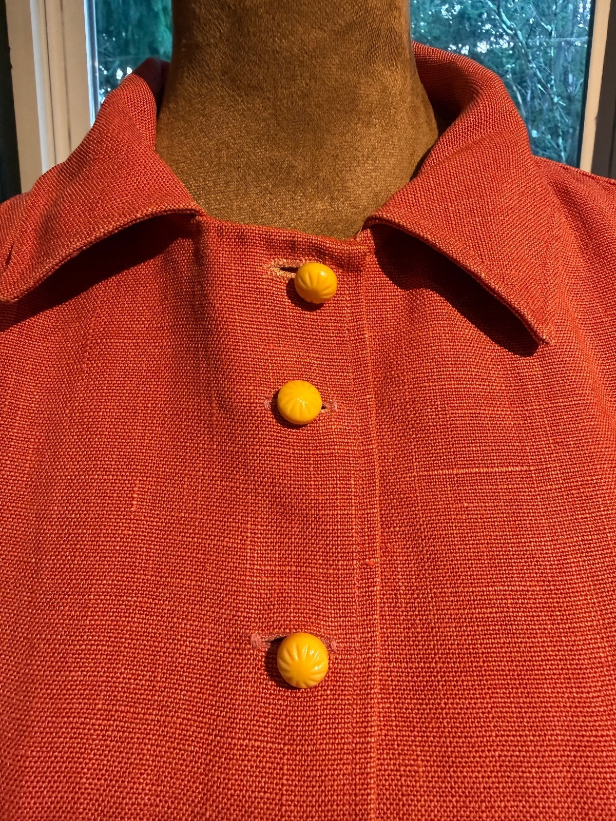 Vintage Red Button-Front Linen Dress with Bakelite Buttons