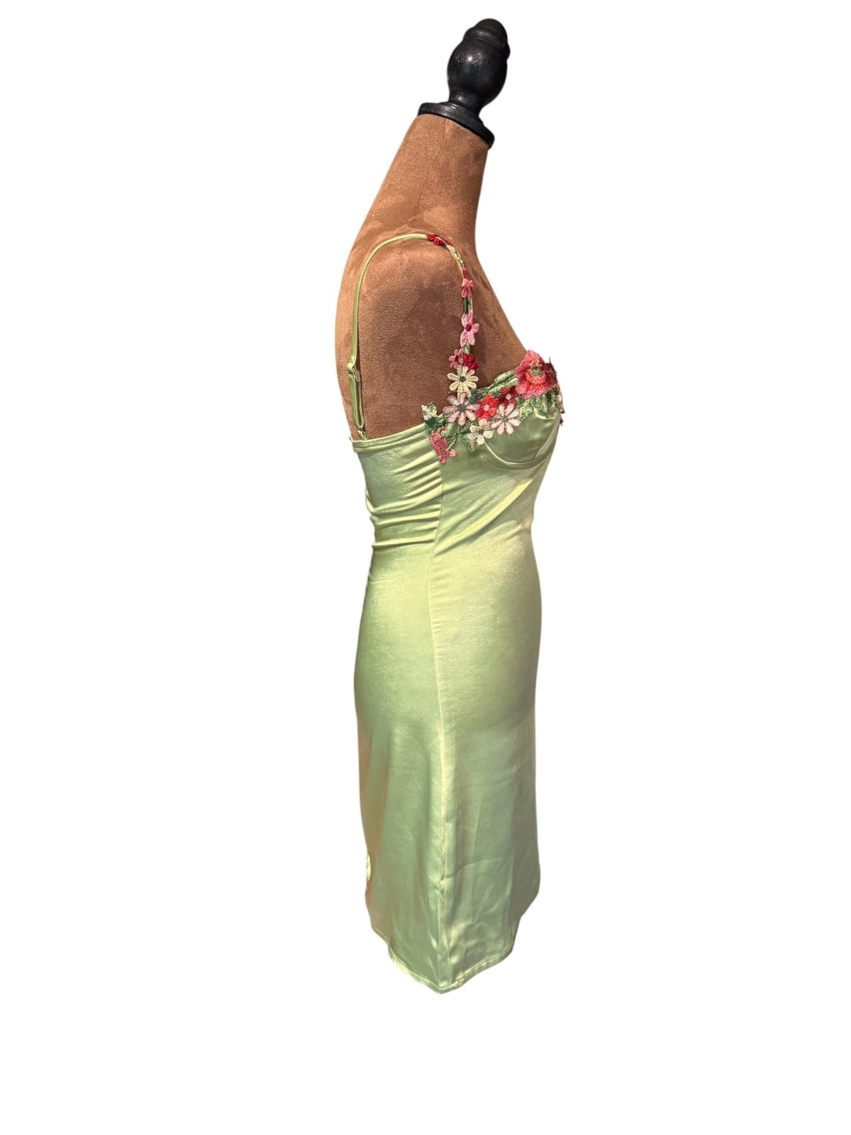 Princess Polly Light Green Satin Mini Dress with Floral Embroidery