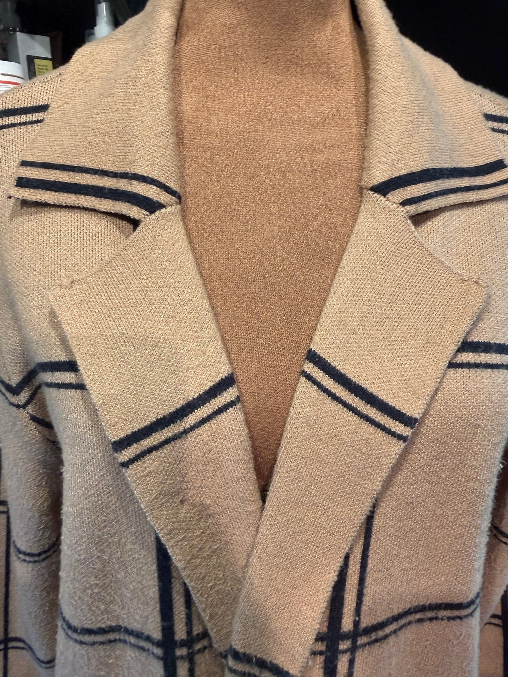 Adrienne Vittadini Beige Plaid Open Front Cardigan with Fringe