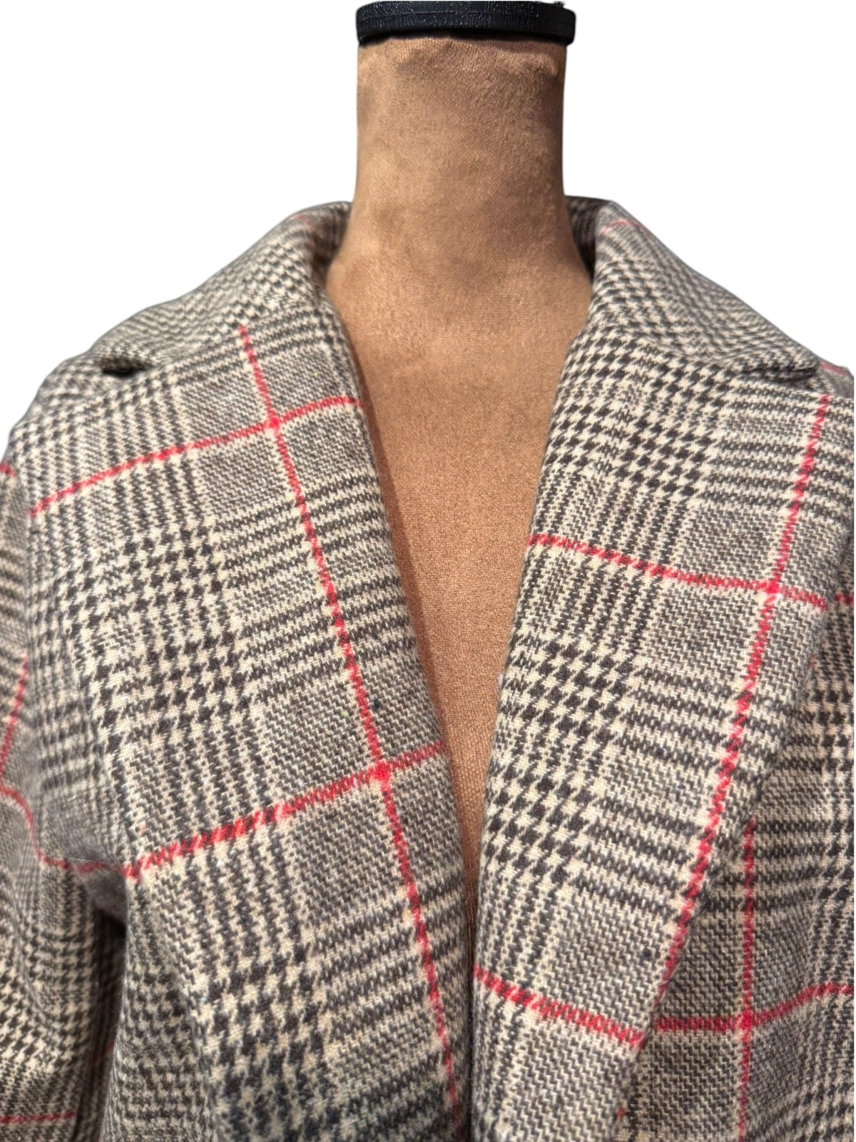 Vintage Style Plaid Wool Blend Overcoat with Red Accents