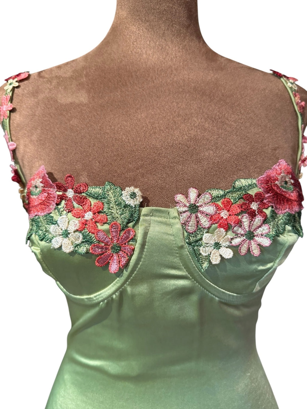 Princess Polly Light Green Satin Mini Dress with Floral Embroidery