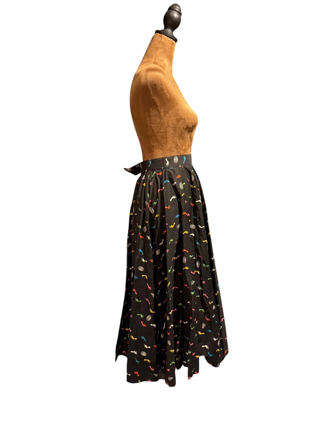Handmade Black Midi Skirt with Colorful Footprint and Shell Print