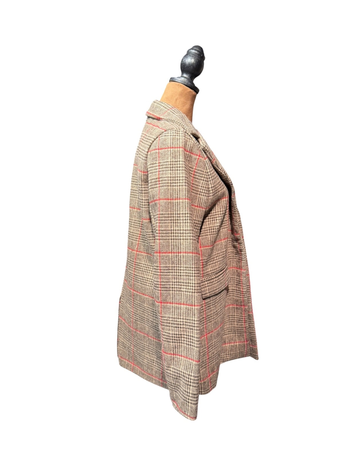 Vintage Style Plaid Wool Blend Overcoat with Red Accents