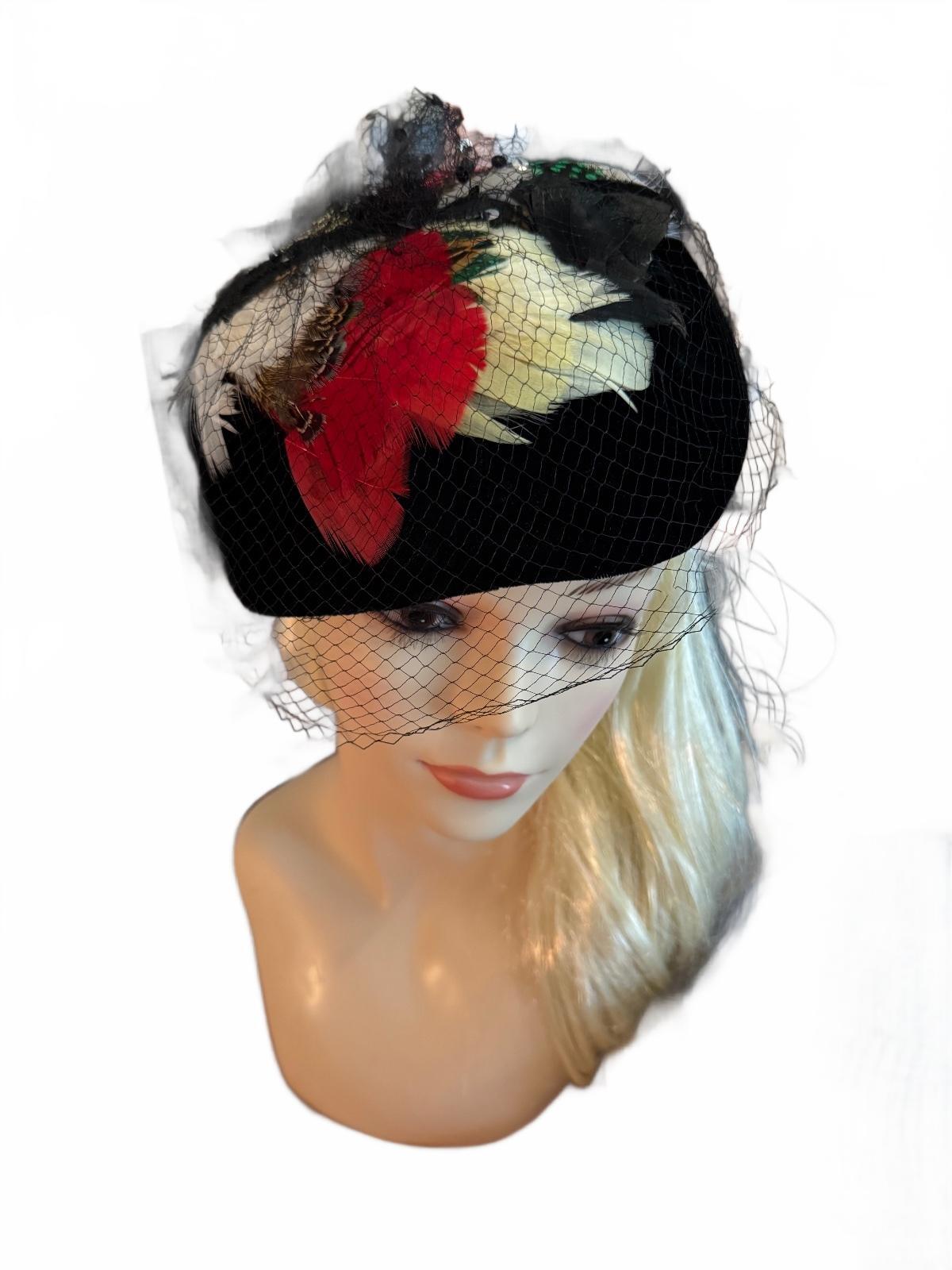 Vintage Black Pillbox Hat with Feather and Veil Detail