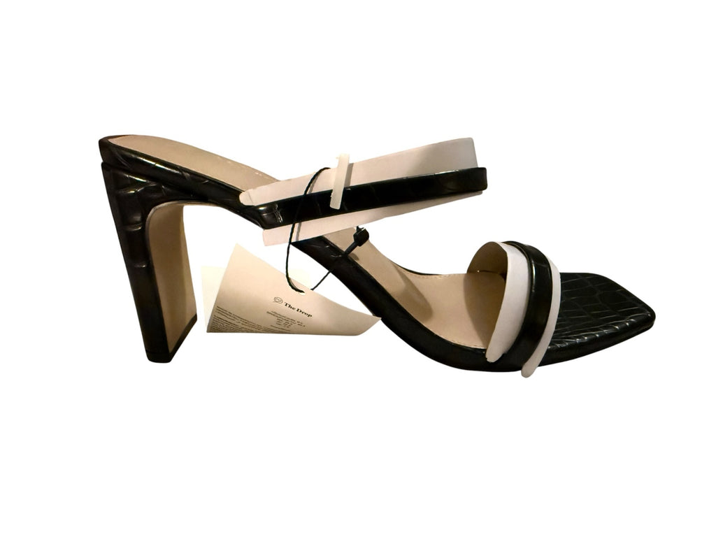 The Drop Black Croc-Embossed High Heel Sandals with White Straps
