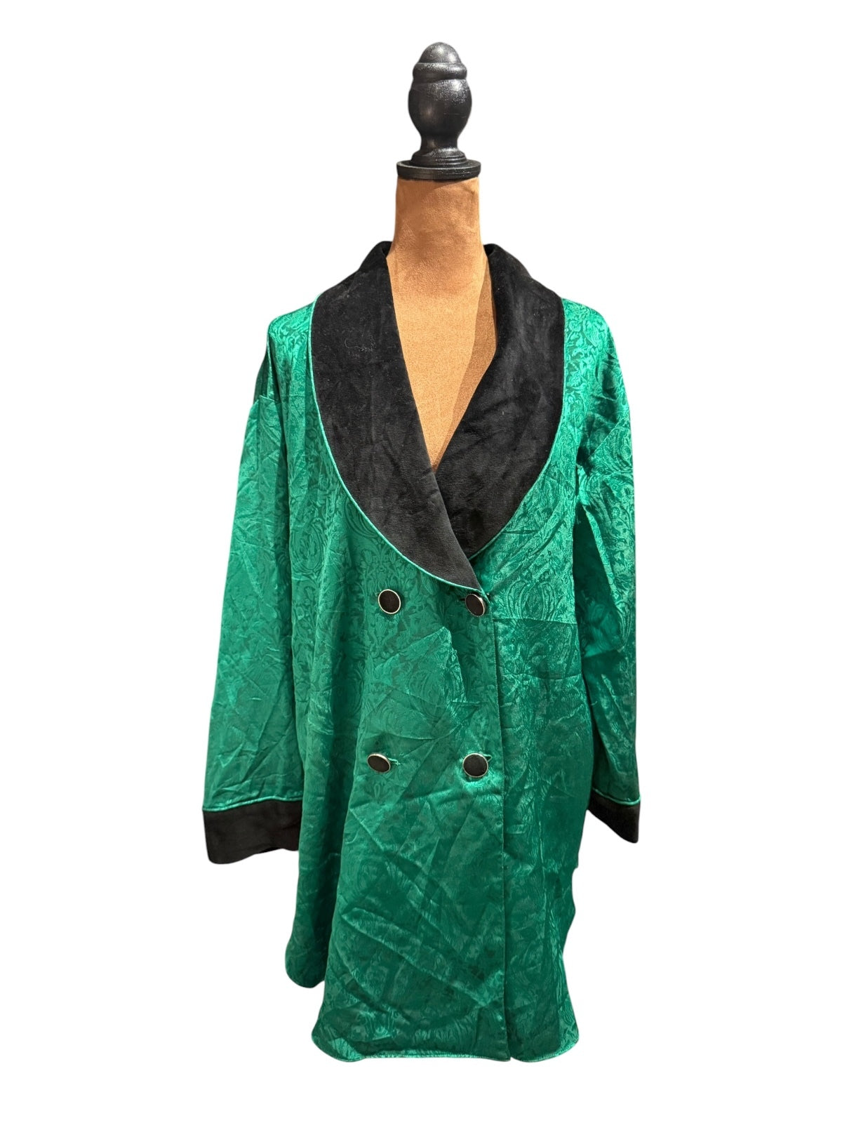 Victoria's Secret Gold Label Green Satin Jacquard Robe with Black Velvet Collar