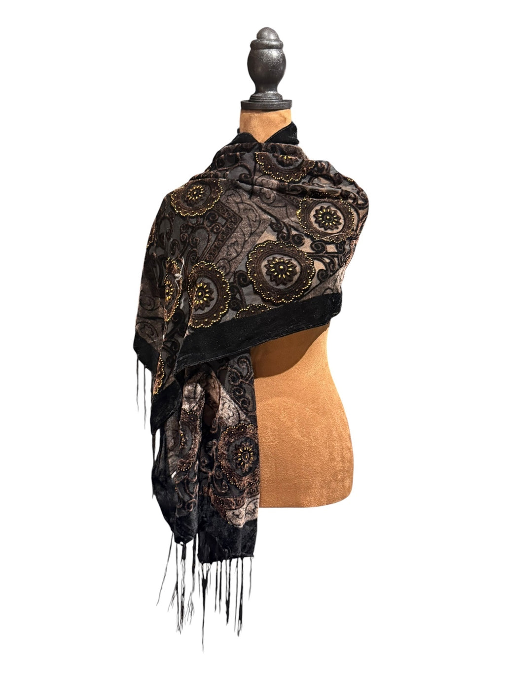Elegant Black and Brown Velvet Paisley Shawl with Beaded Detailing