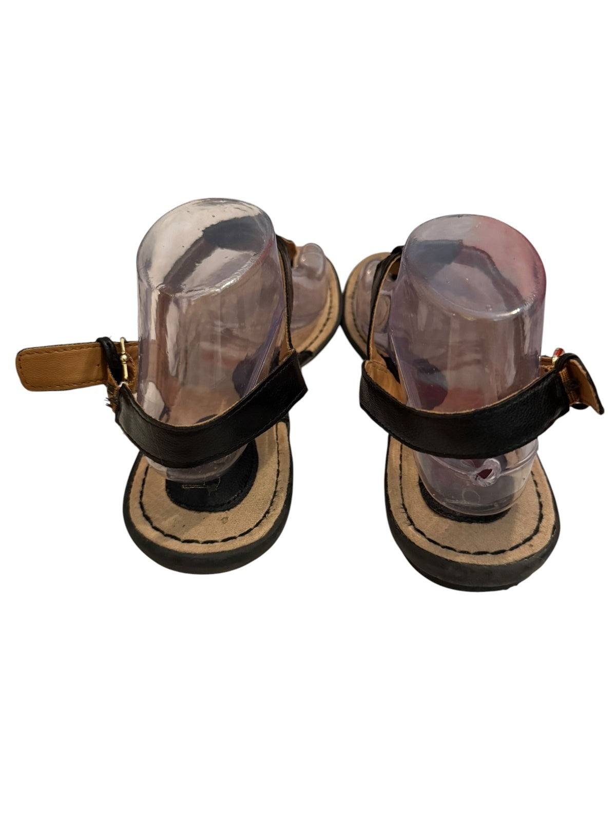 b.o.c. Black Leather T-Strap Sandals with Adjustable Ankle Strap