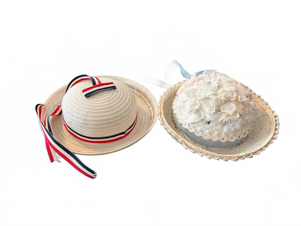 Vintage Pair of Girls Straw Hats with Floral and Ribbon Details