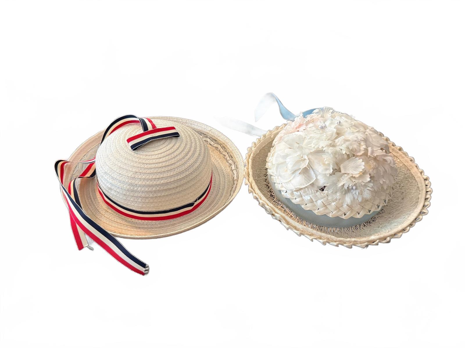Vintage Pair of Girls Straw Hats with Floral and Ribbon Details