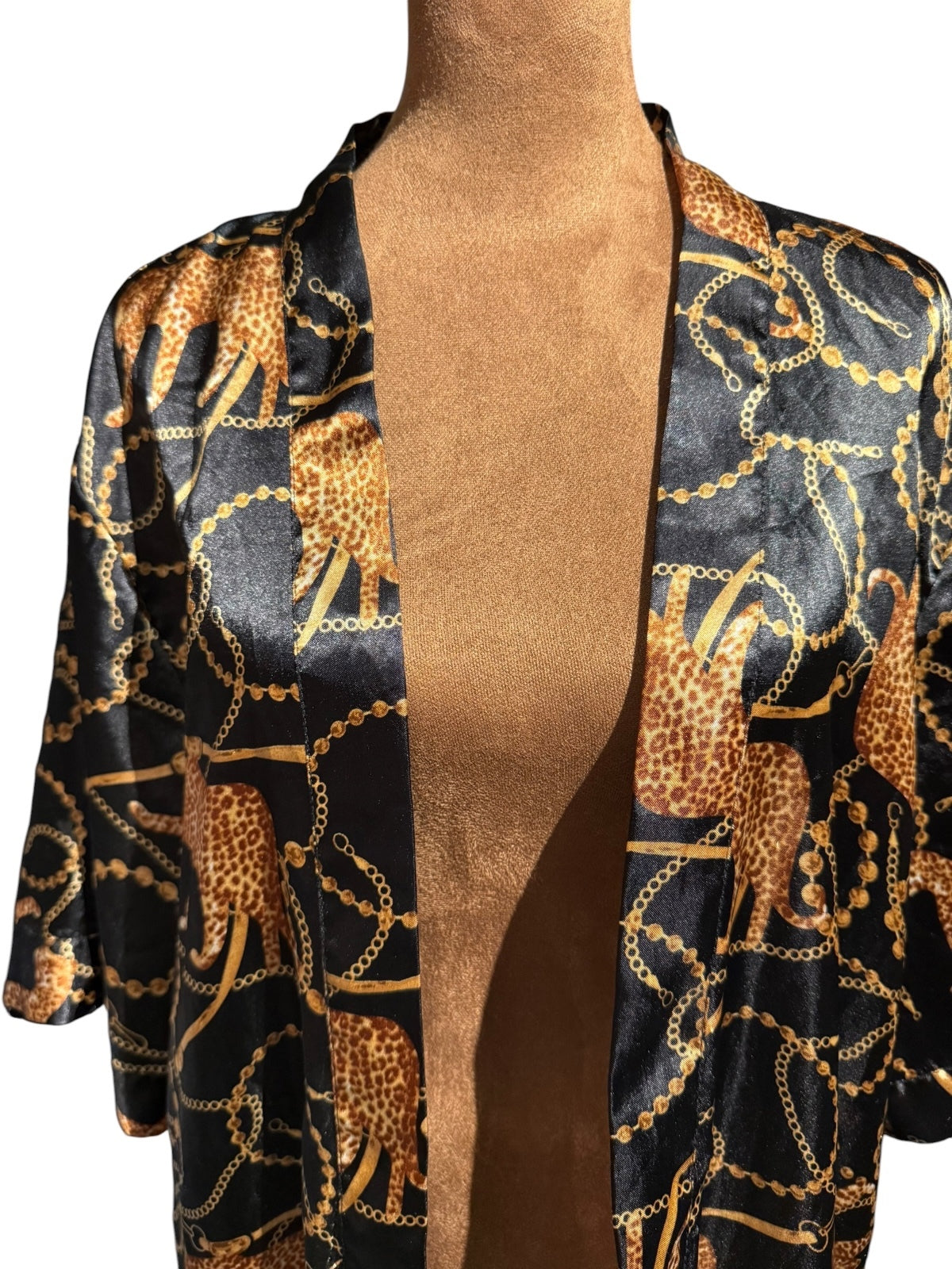 Emily Stacy Black and Gold Satin Kimono with Leopard and Chain Print