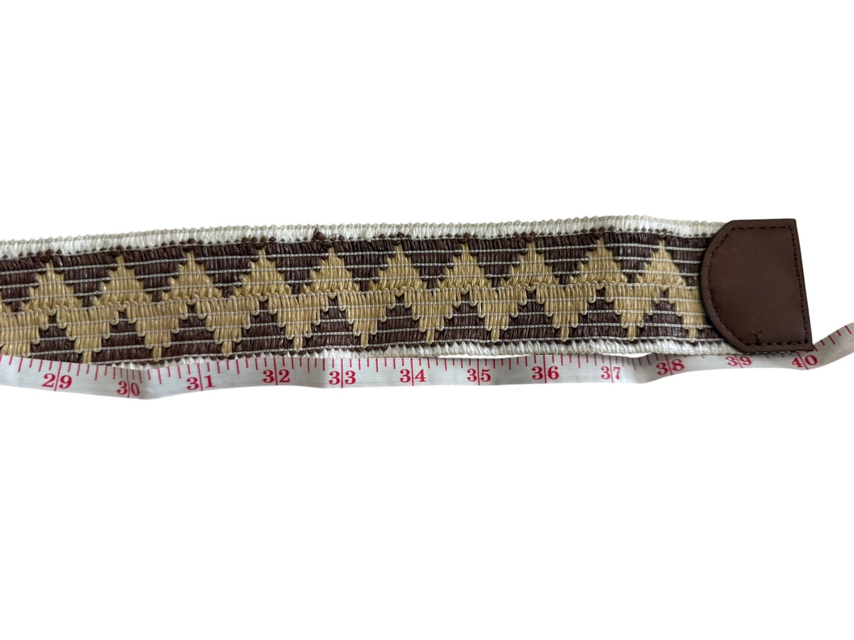Brown and Beige Woven Belt with Wooden Buckle