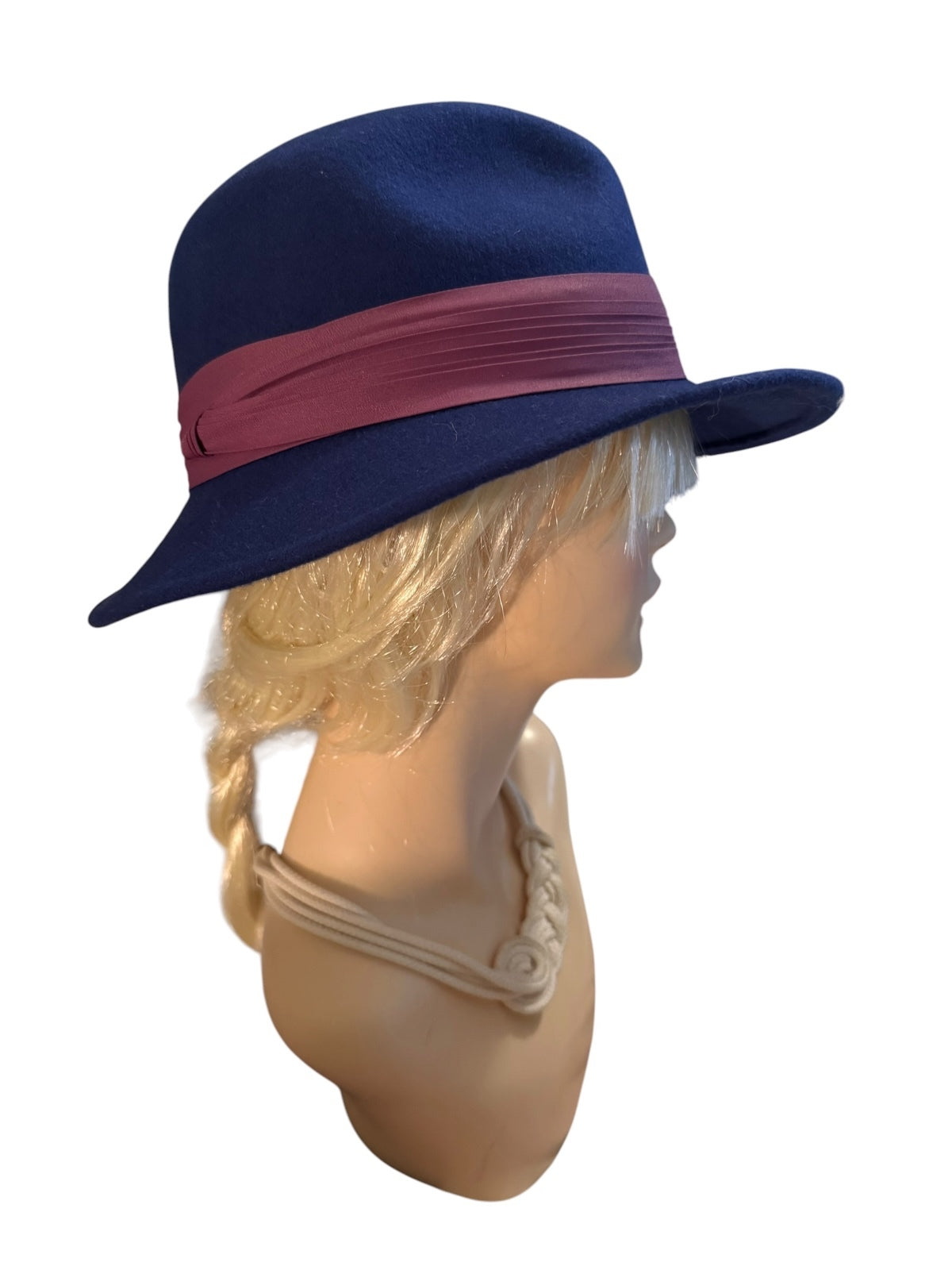 Lancaster Navy Blue Wool Fedora Hat with Burgundy Band Deadstock