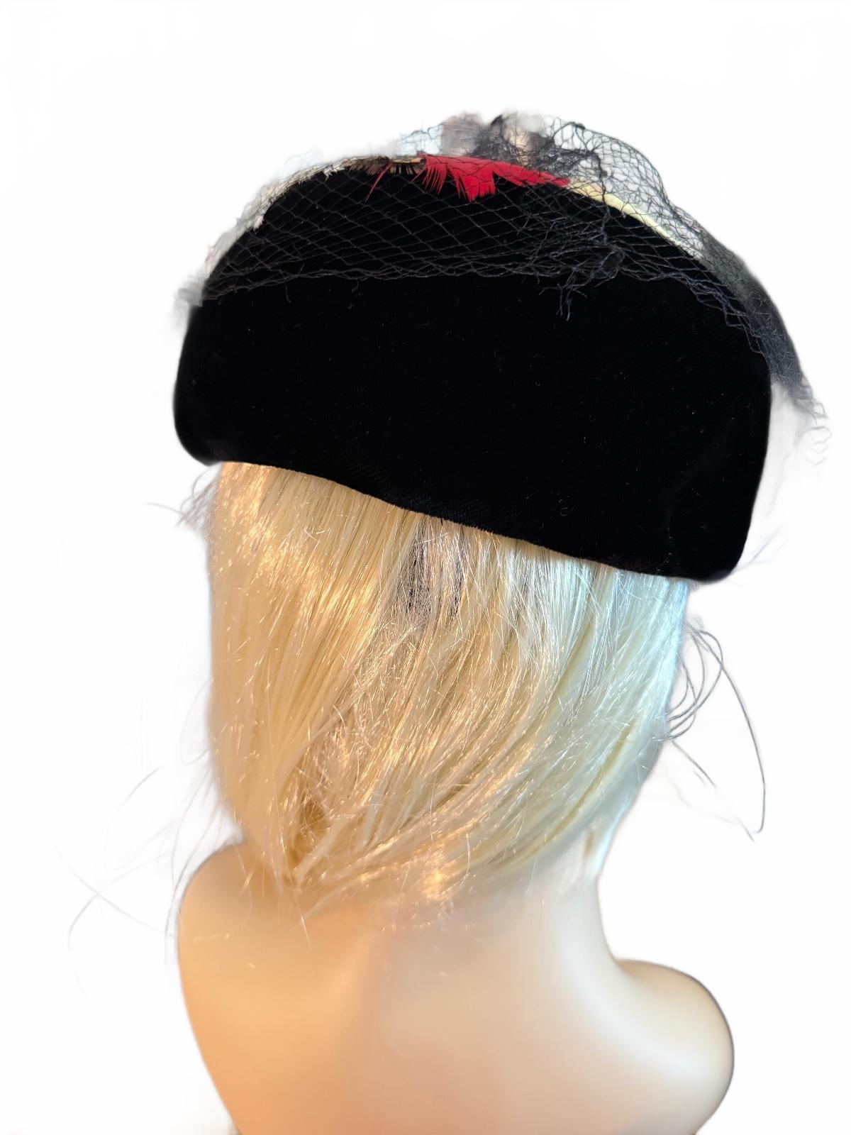 Vintage Black Pillbox Hat with Feather and Veil Detail