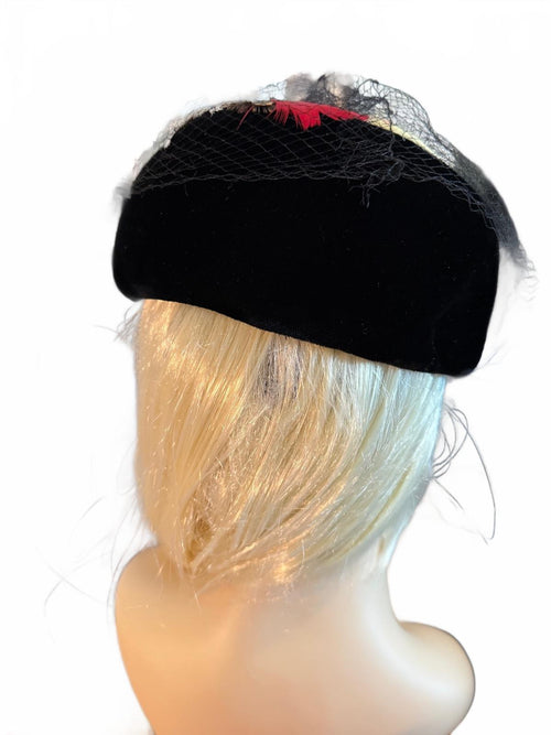 Vintage Black Pillbox Hat with Feather and Veil Detail
