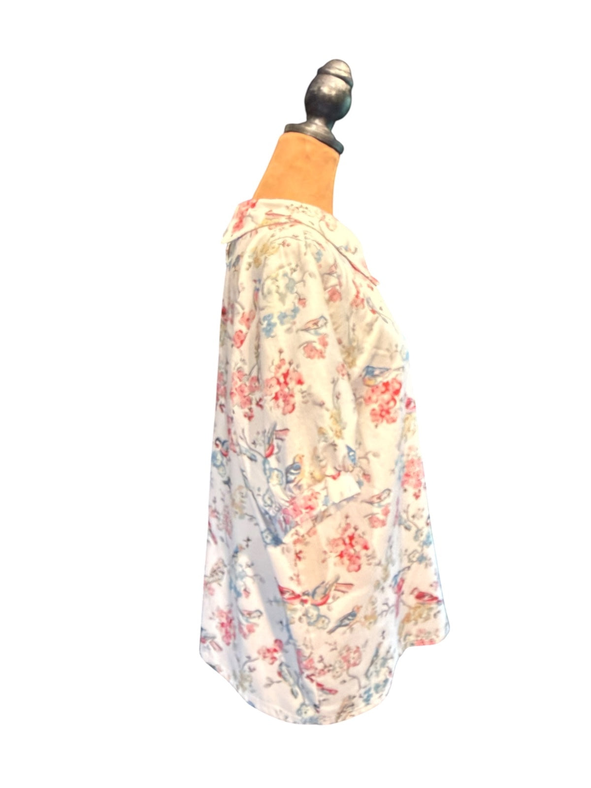 Vintage Bird & Floral Print Collared Blouse with Puff Sleeve
