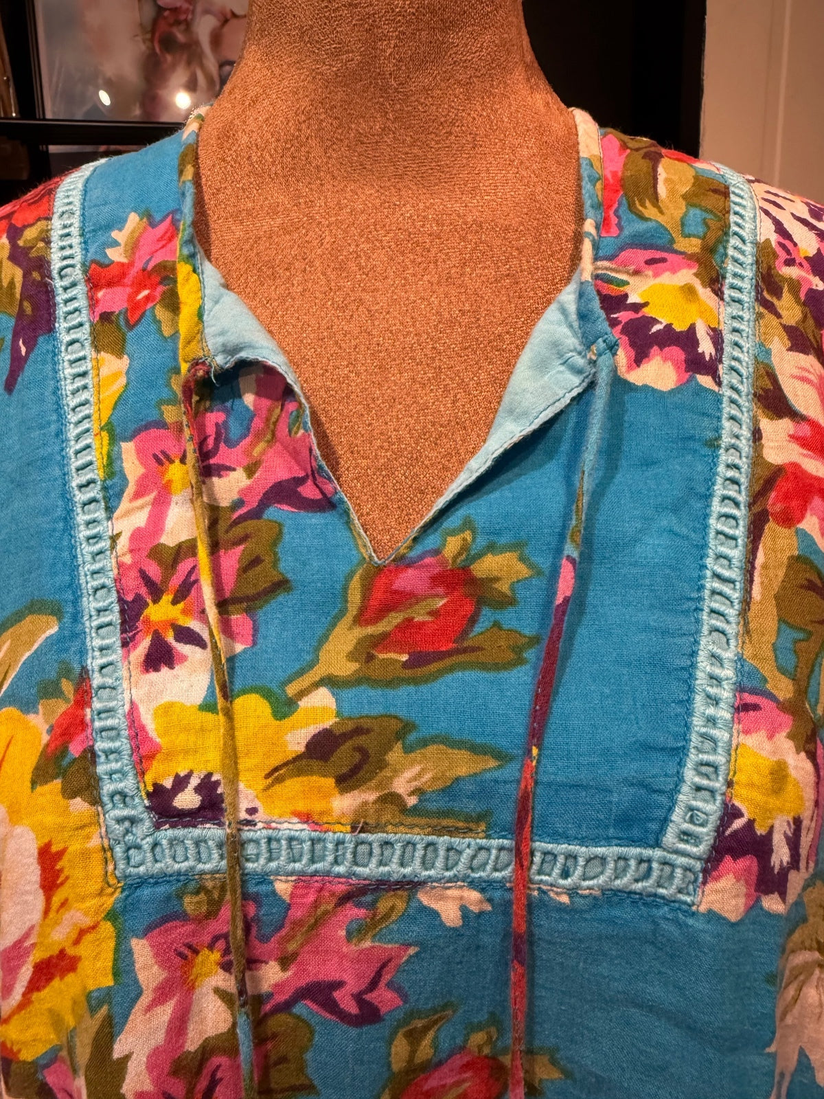 Johnny Was Blue Floral Cotton Tunic Top with Tassels