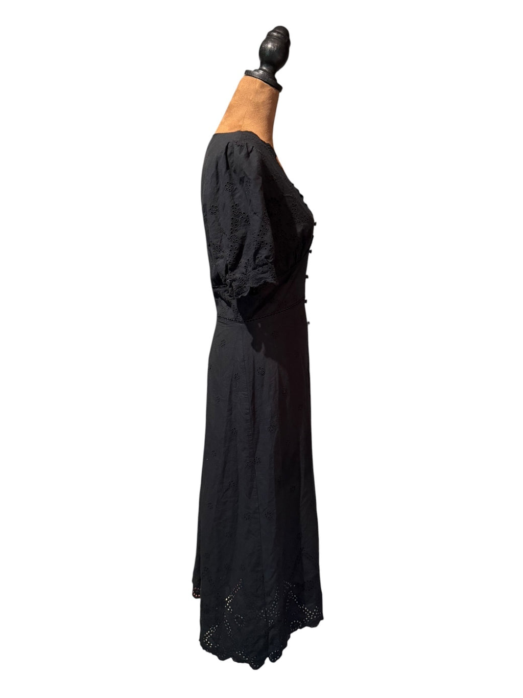Whistles Black Cotton Button-Front Midi Dress with Eyelet Detail