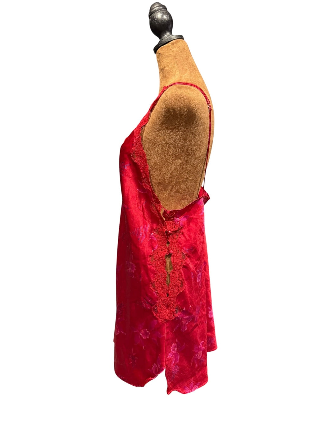 Vintage Inner Most Red Satin Floral Slip Dress with Lace Accent