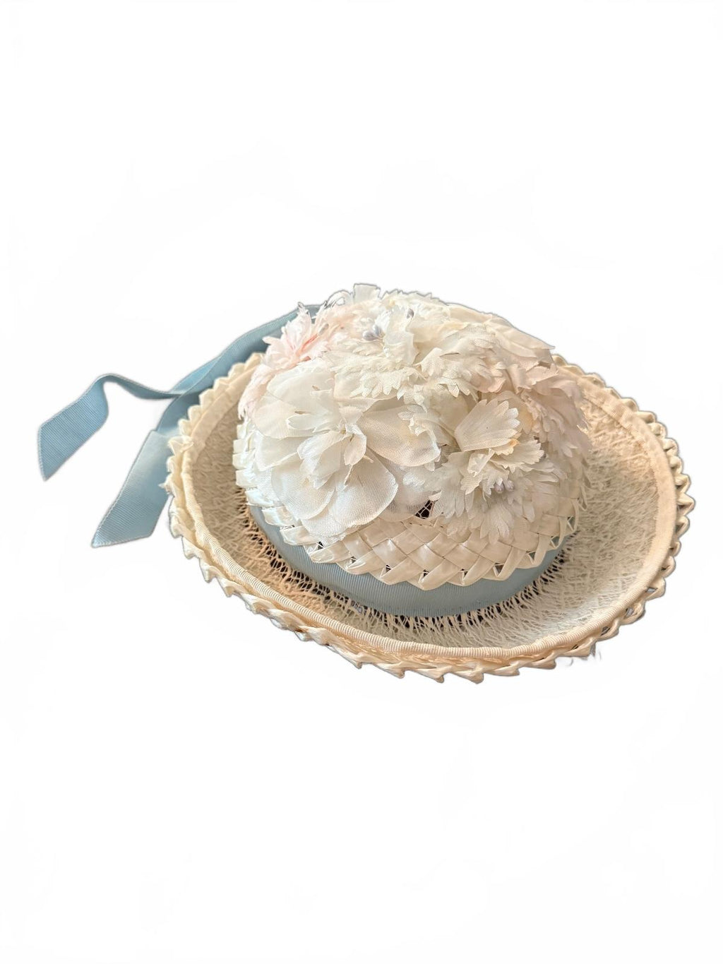 Vintage Pair of Girls Straw Hats with Floral and Ribbon Details