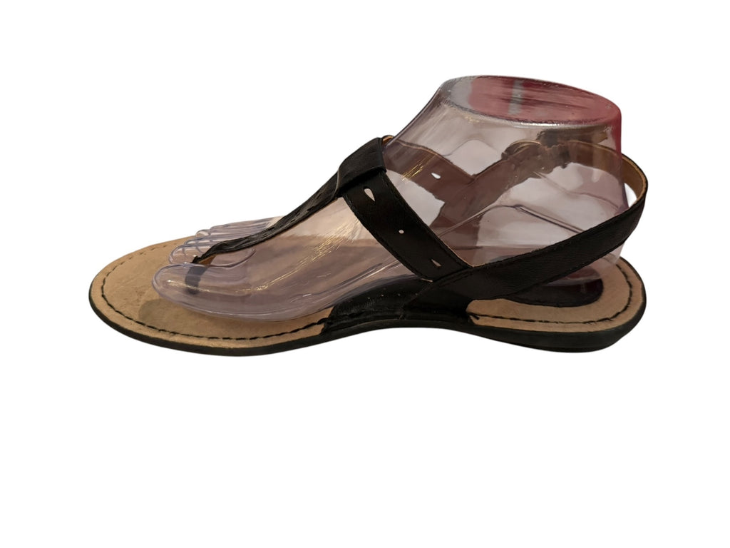 b.o.c. Black Leather T-Strap Sandals with Adjustable Ankle Strap