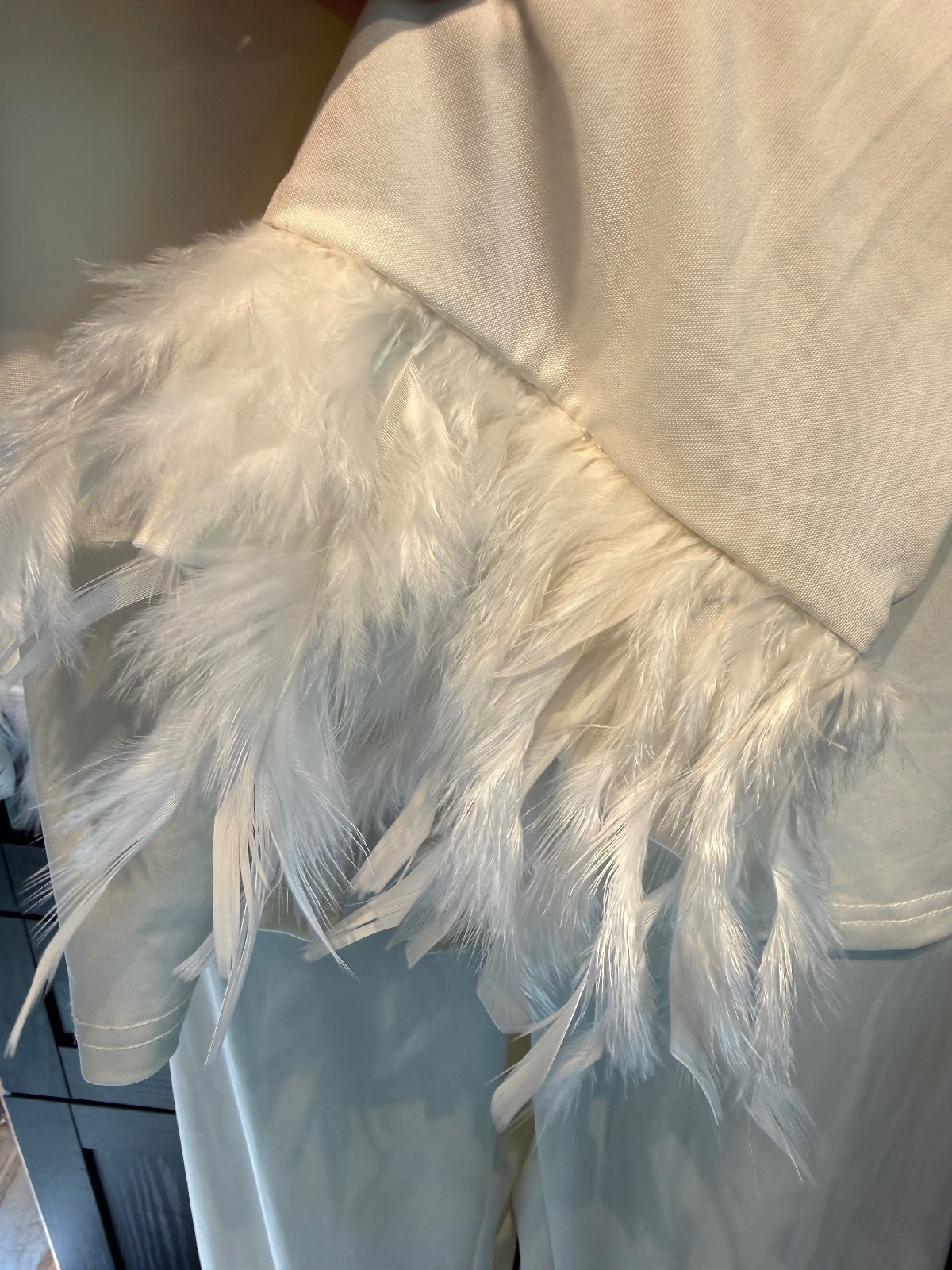 Cozy Cream Pajama Set with Feather Trimmed Cuffs and Hem