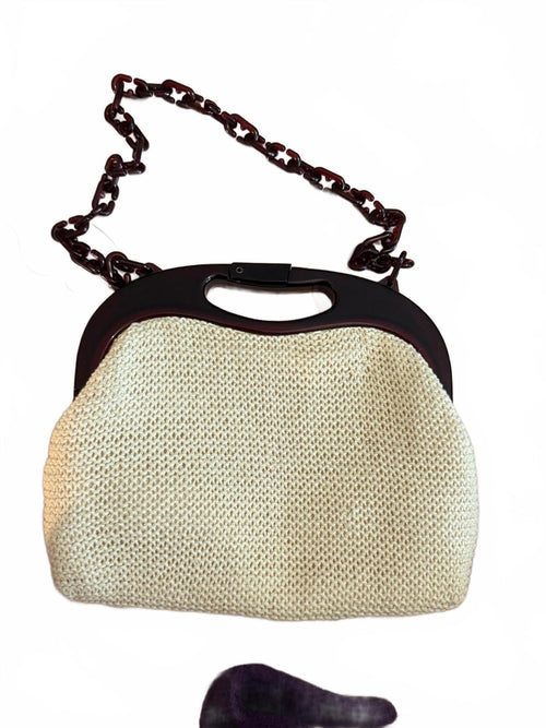 Vintage 70s Cream Knit Handbag with Brown Acrylic Chain Handle