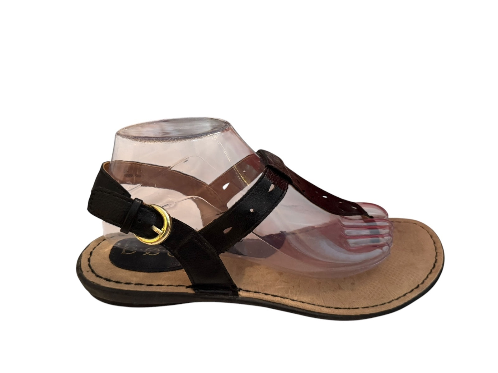 b.o.c. Black Leather T-Strap Sandals with Adjustable Ankle Strap