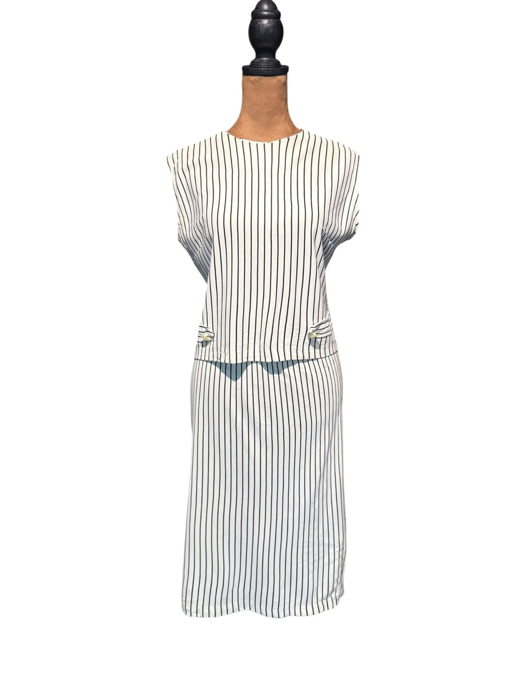 Vintage White and Black Vertical Stripe Sleeveless Dress with Back Buttons