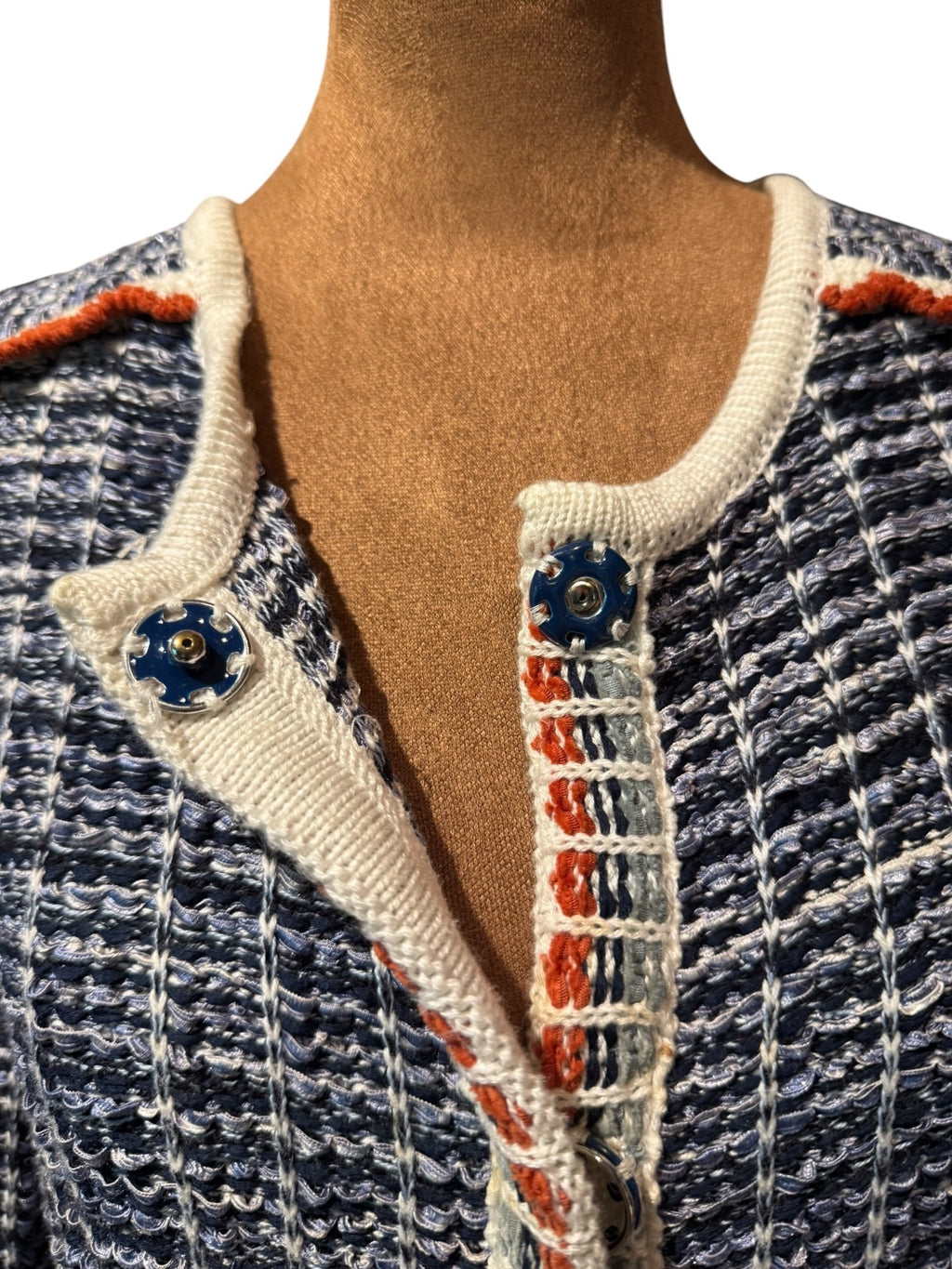 Claudius Navy Blue and White Tweed Long Cardigan with Orange Accents