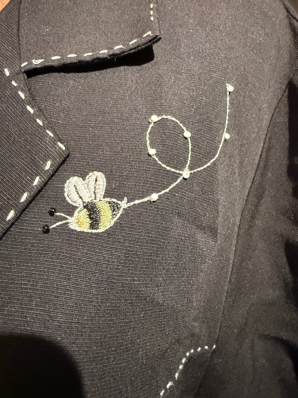 Black Embroidered Short Sleeve Jacket with Floral and Bee Details