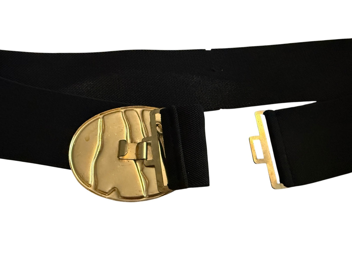 Vintage Wide Black Elastic Belt with Abstract Gold-Tone Buckle