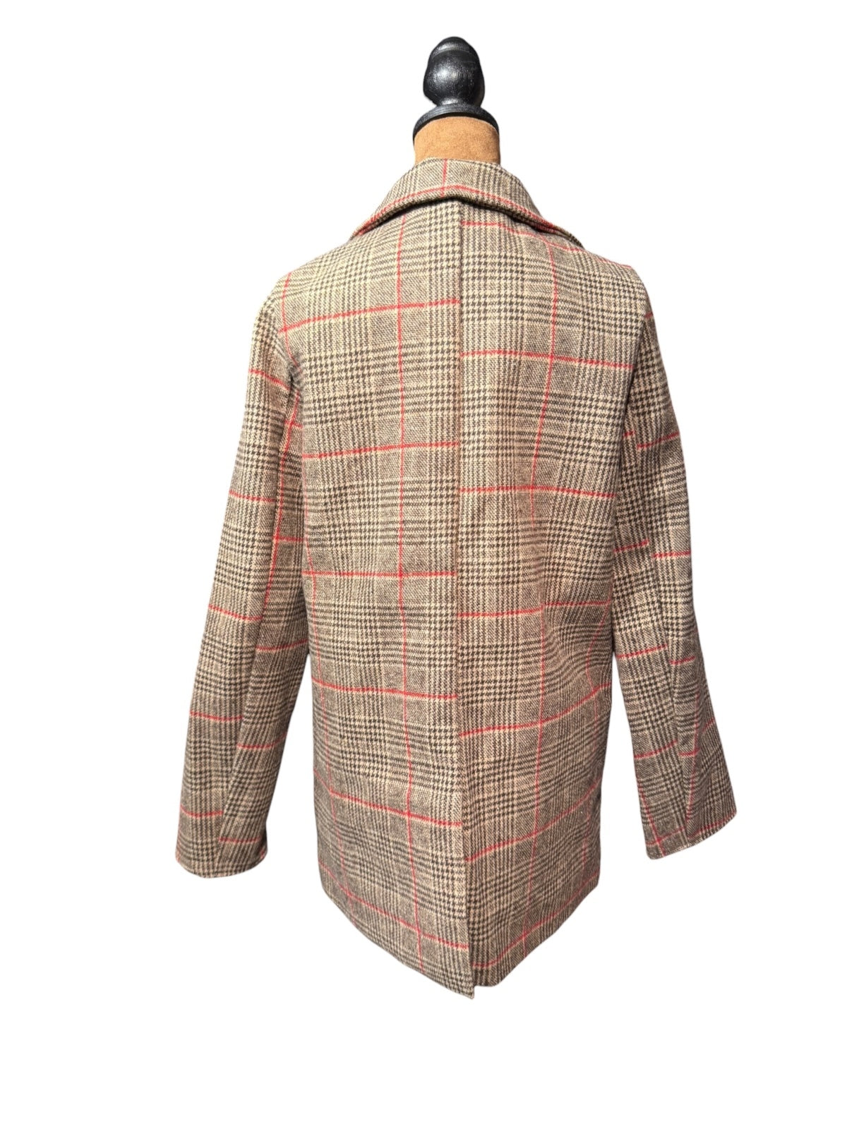 Vintage Style Plaid Wool Blend Overcoat with Red Accents