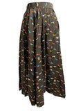 Handmade Black Midi Skirt with Colorful Footprint and Shell Print