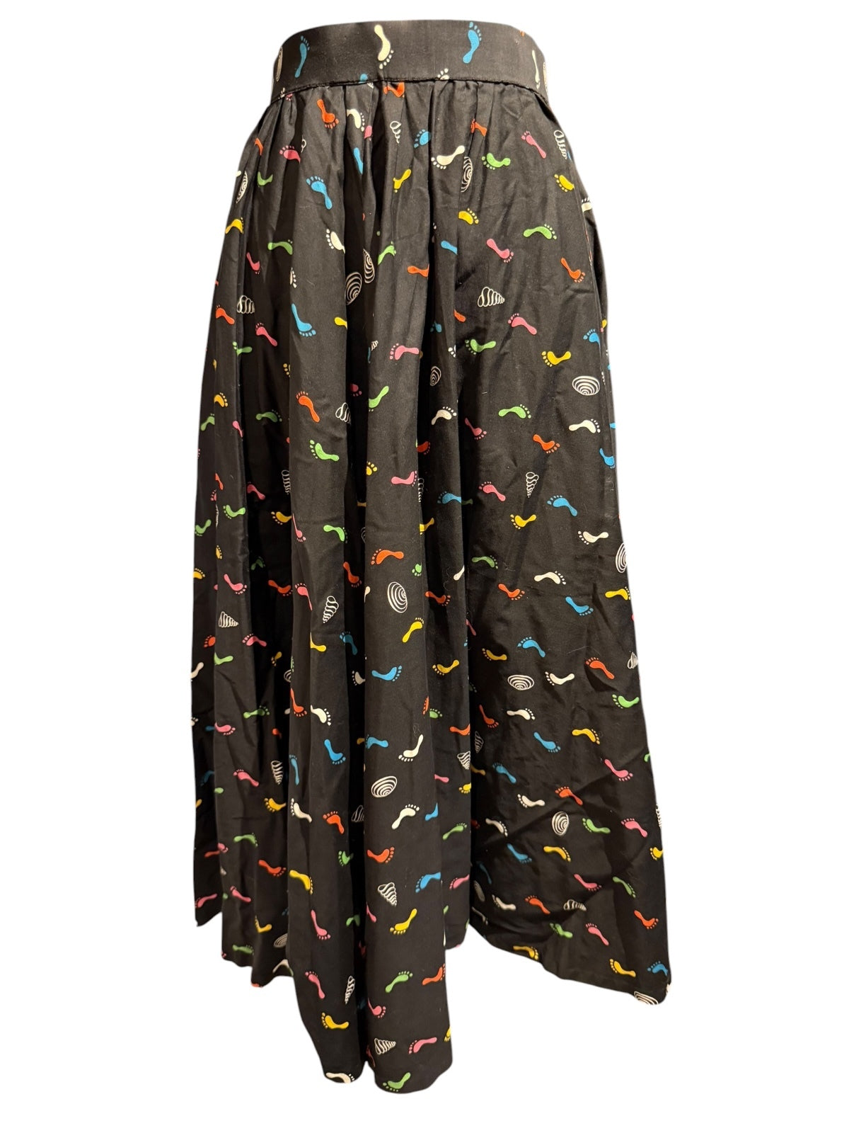 Handmade Black Midi Skirt with Colorful Footprint and Shell Print