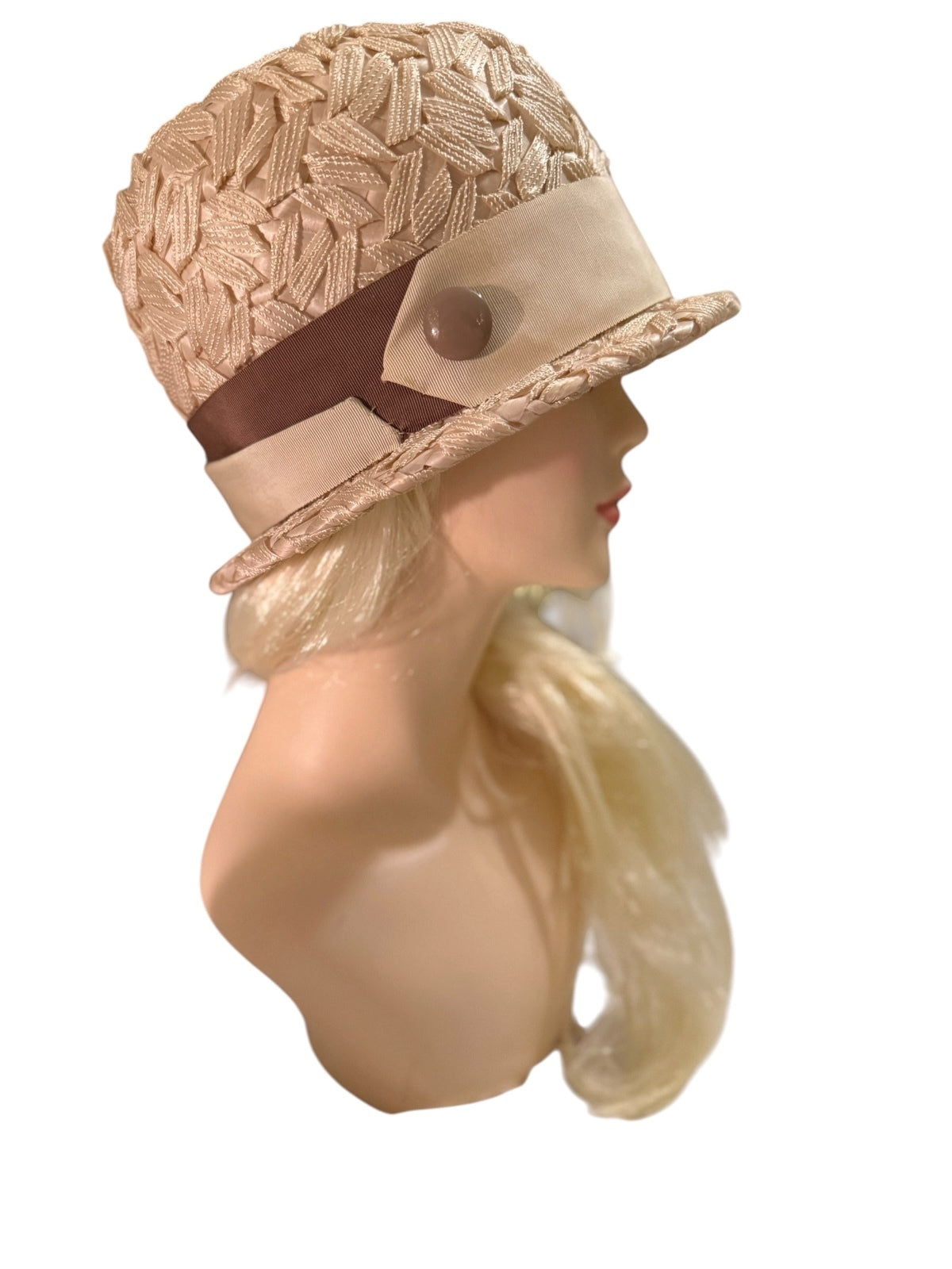 Vintage Beige Woven Straw Cloche Hat with Button Accent