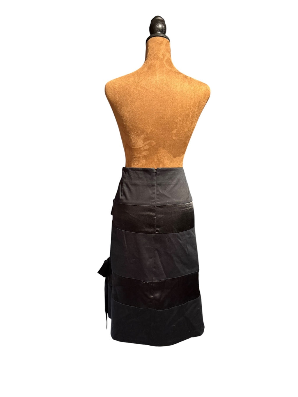 Ruth Black Alternating Cotton Silk Fabric Midi Skirt with Side Tie Detail