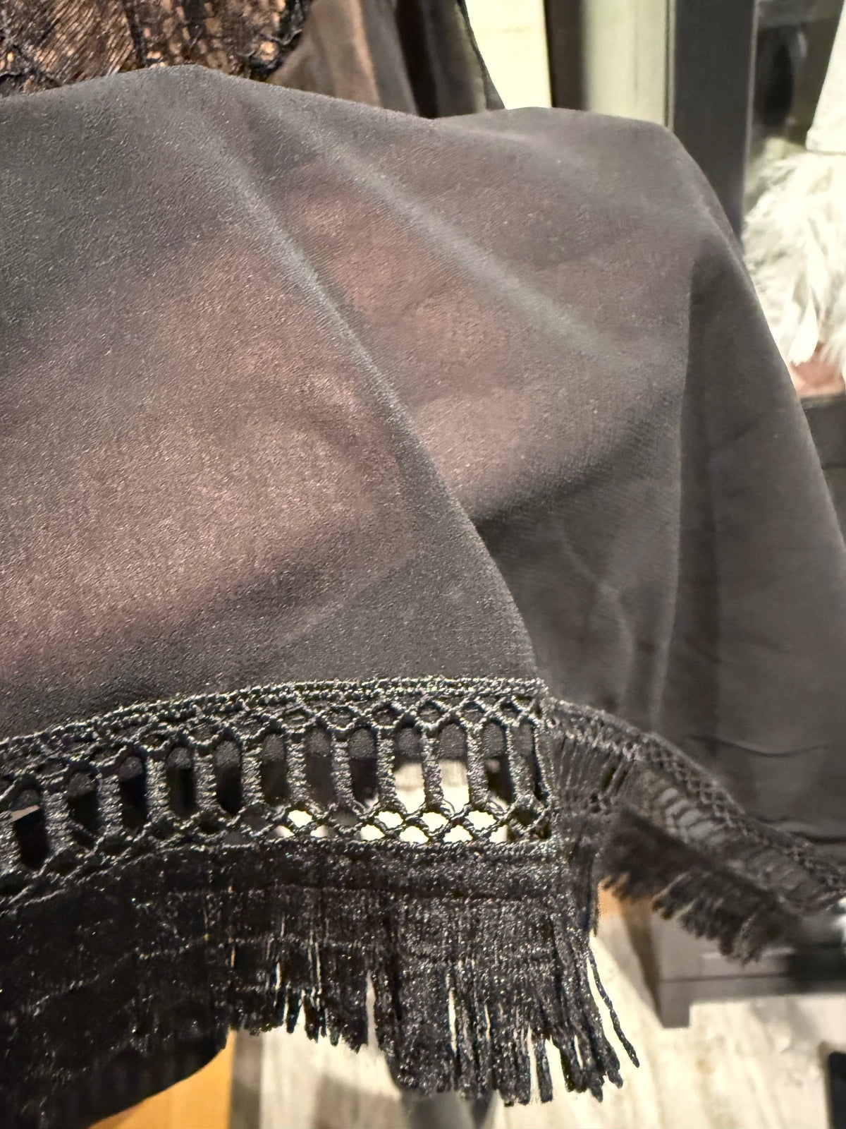Elegant Black Lace and Sheer Kimono with Fringe Hem